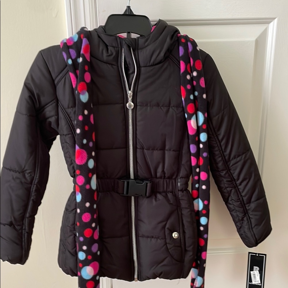 Black and Pink Quilted Puffer Jacket with Belted Waist